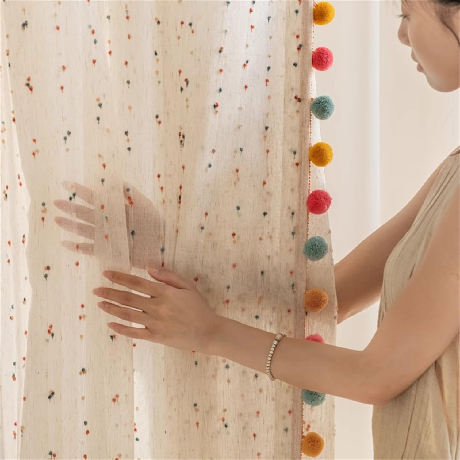 Boho Pom Pom Rainbow Sheer Curtains