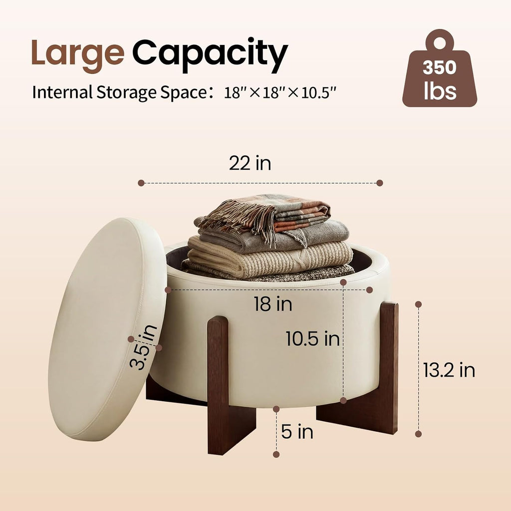 Wood Leg Round Leather Storage Ottoman