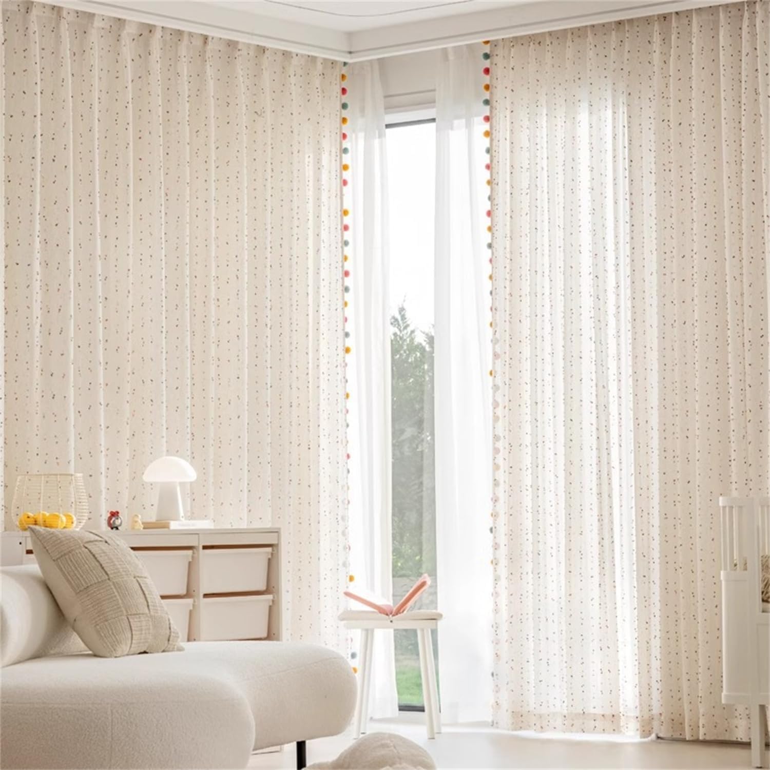 Boho Pom Pom Rainbow Sheer Curtains