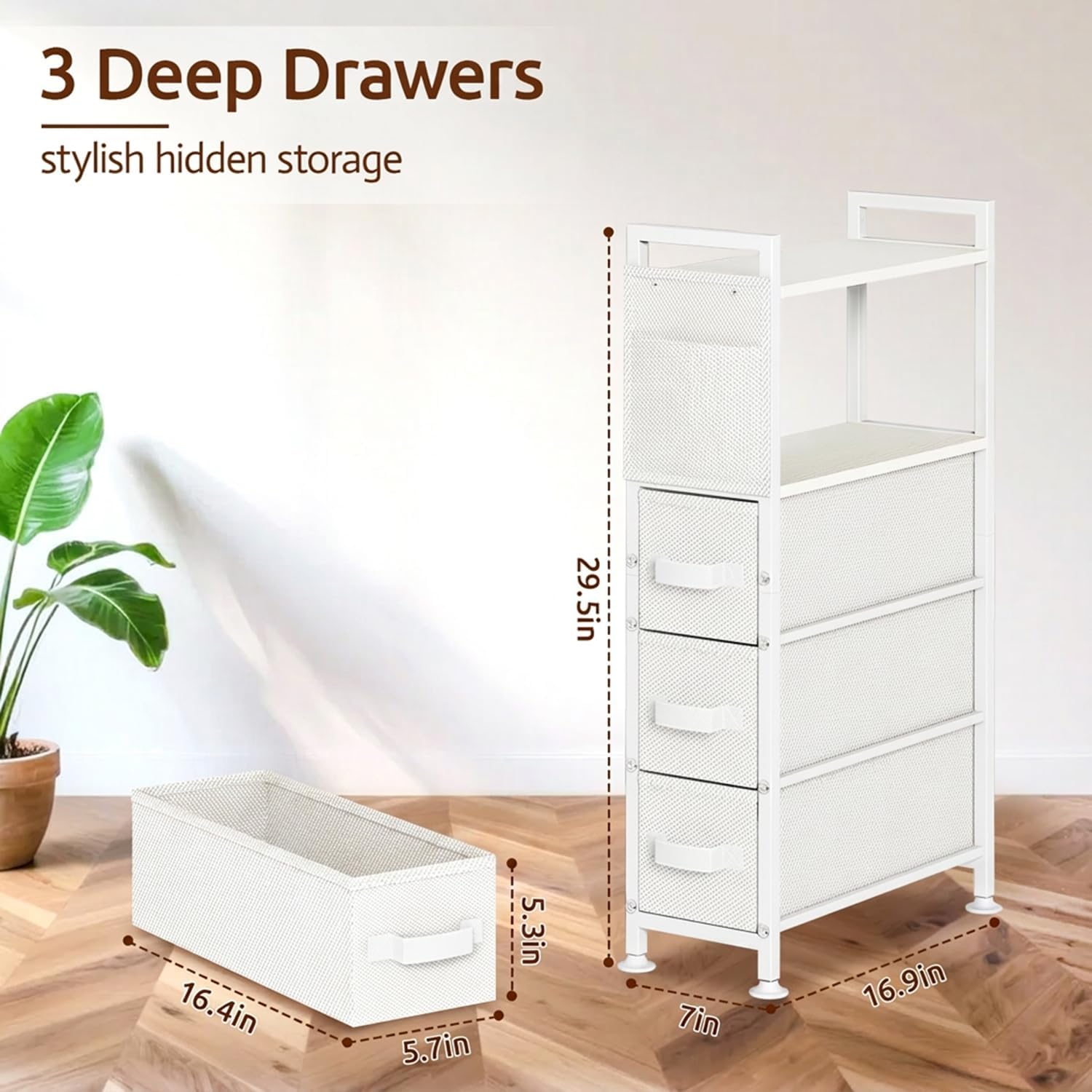 Rolling Narrow 3 Drawer Side Nightstand