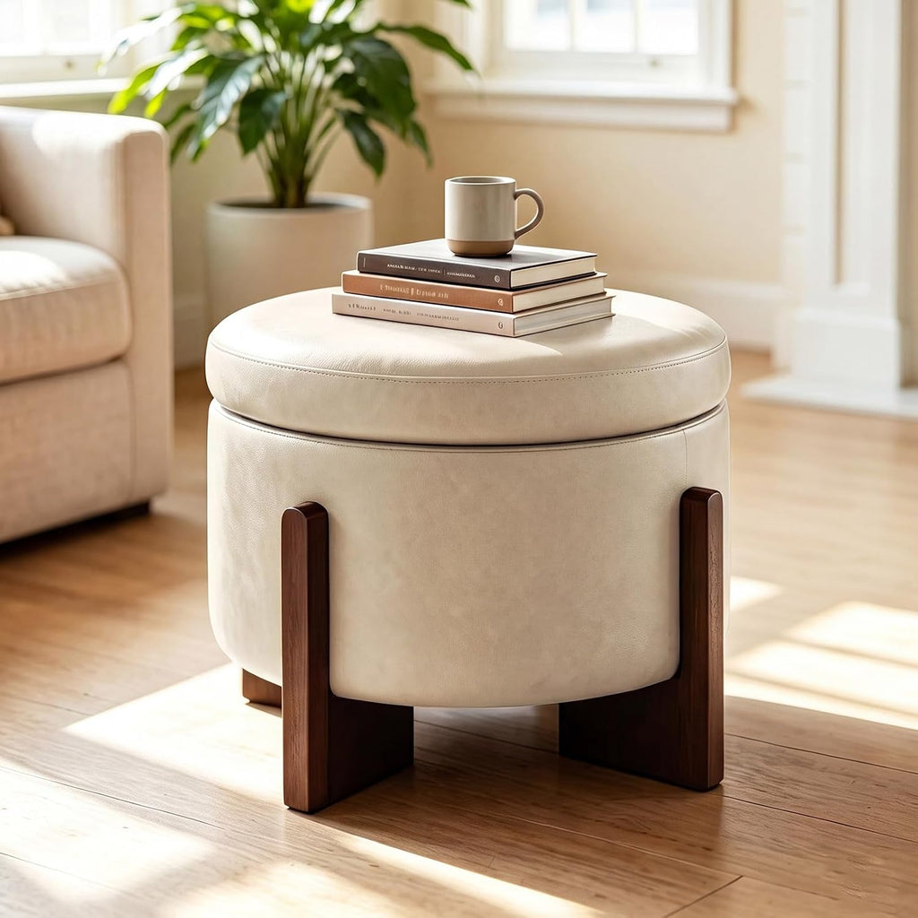 Wood Leg Round Leather Storage Ottoman