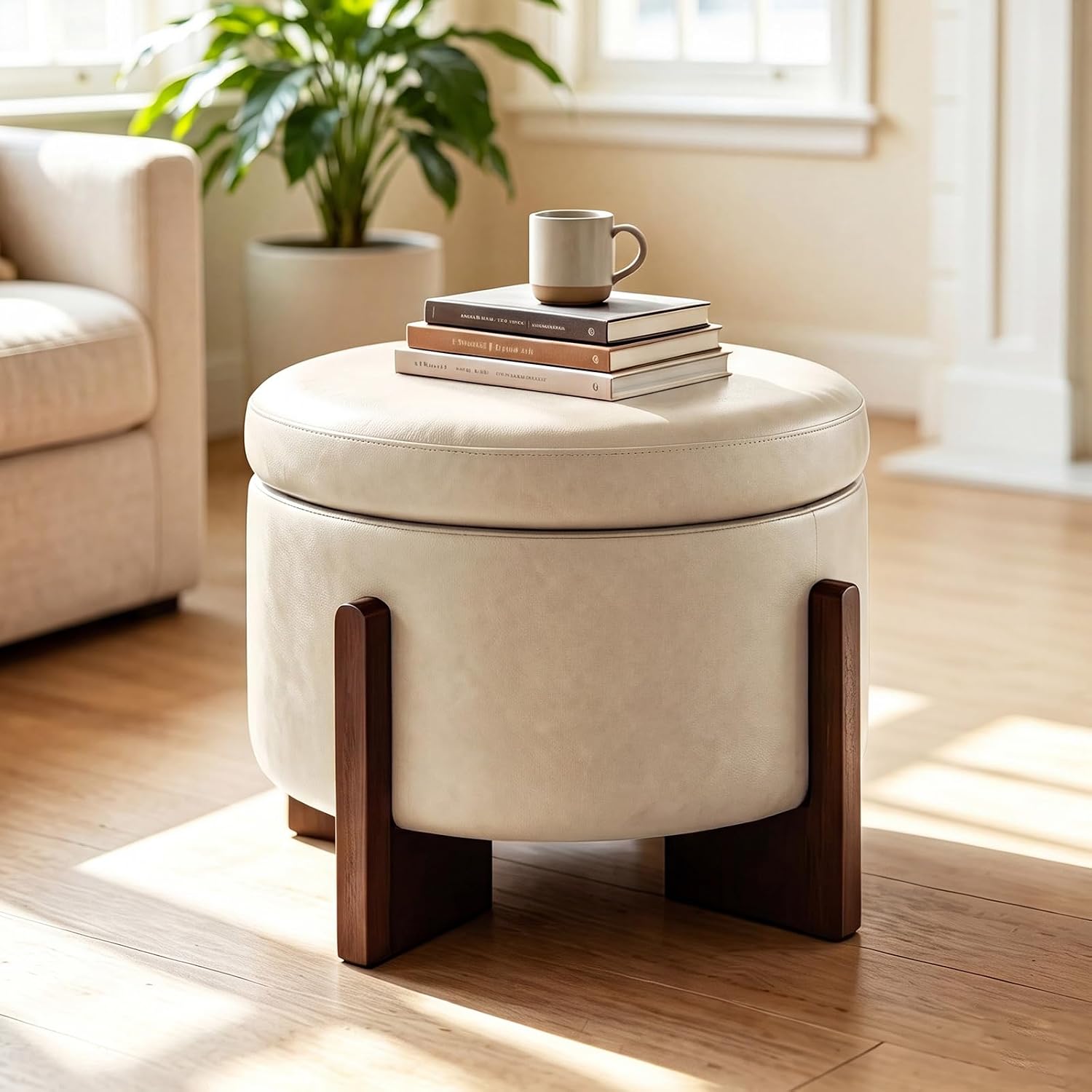 Wood Leg Round Leather Storage Ottoman