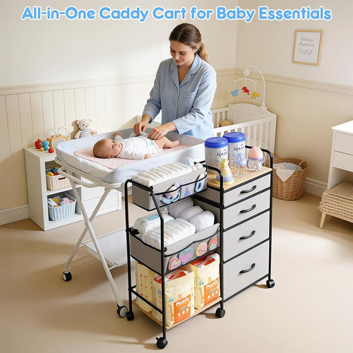 4 Tier Rolling Nursery Diaper Storage Cart