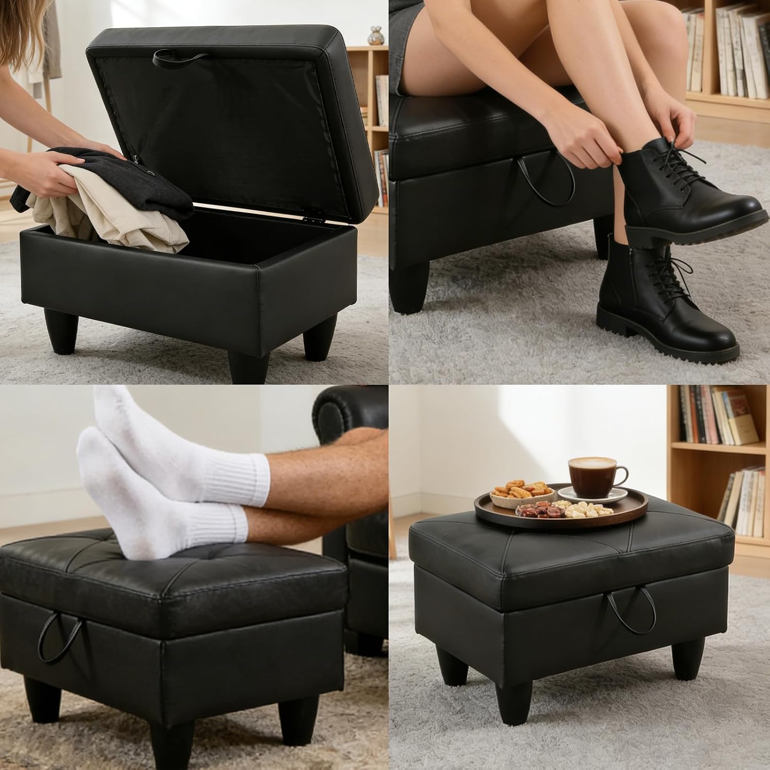 Rectangular Leather Padded Storage Ottoman