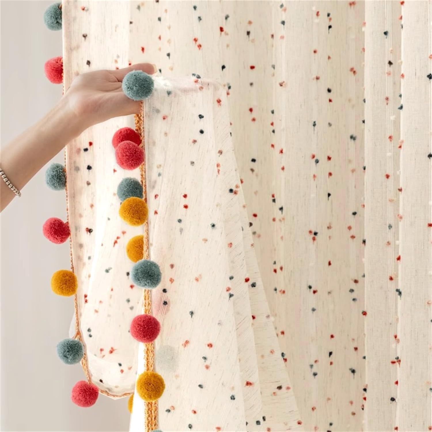 Boho Pom Pom Rainbow Sheer Curtains