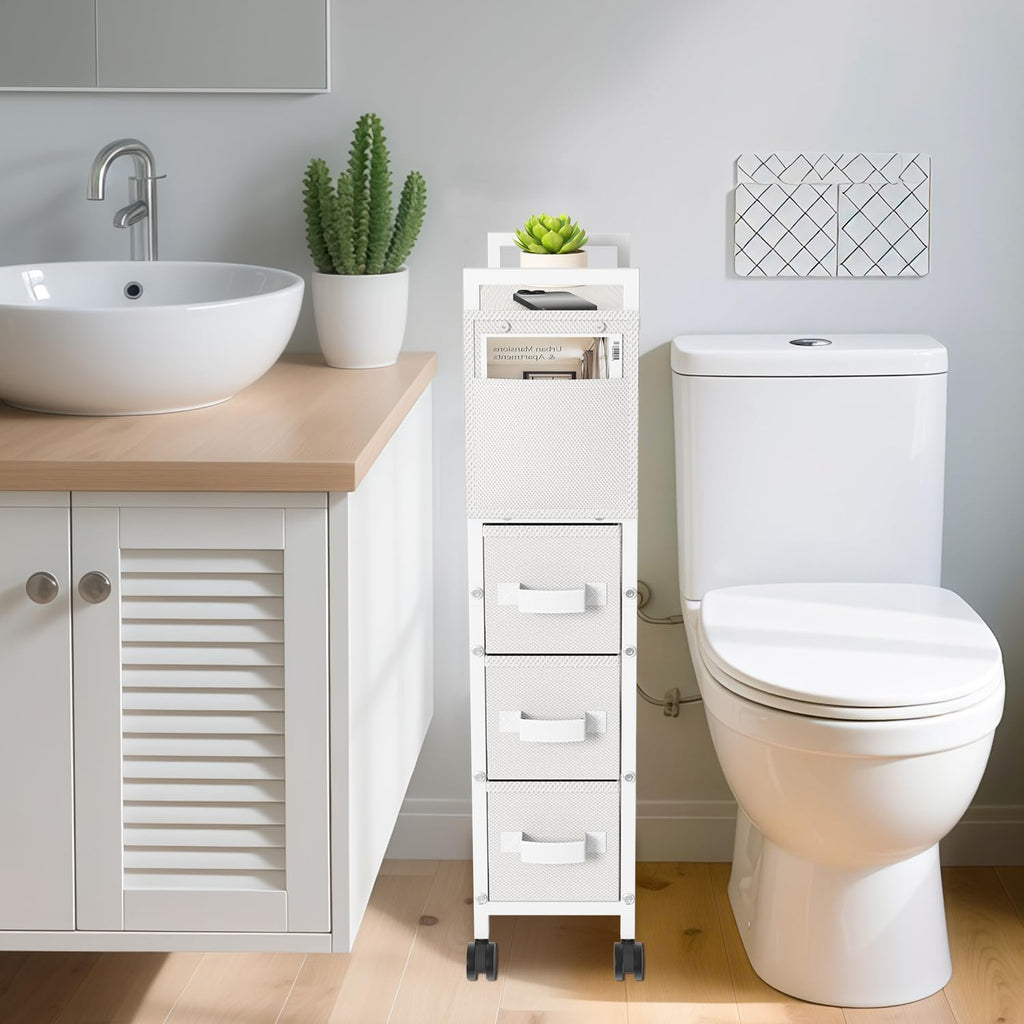 Rolling Narrow 3 Drawer Side Nightstand