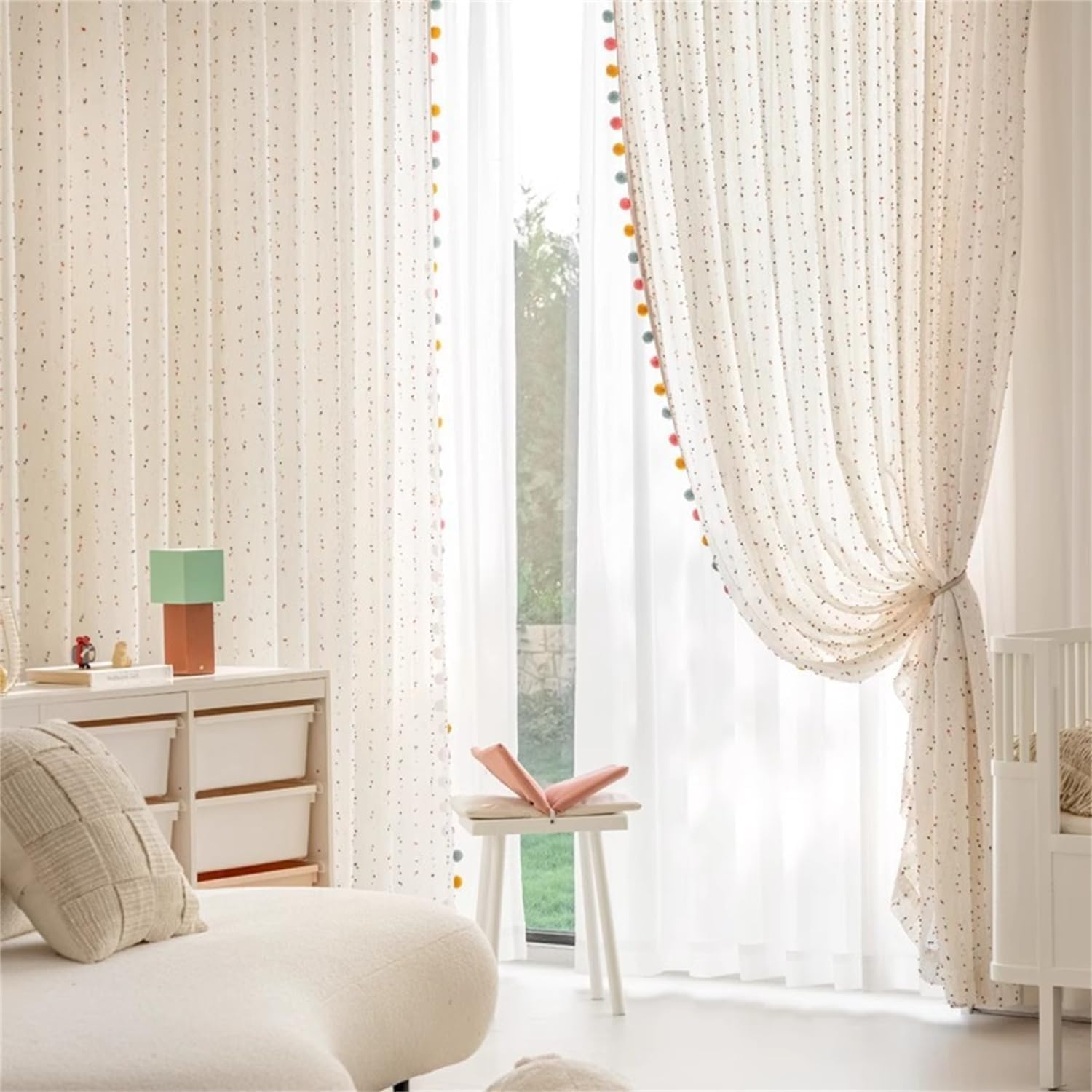 Boho Pom Pom Rainbow Sheer Curtains