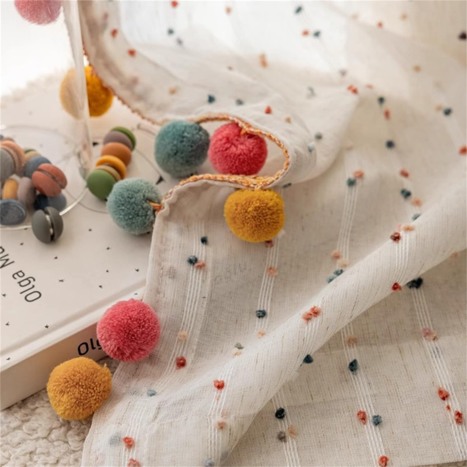 Boho Pom Pom Rainbow Sheer Curtains