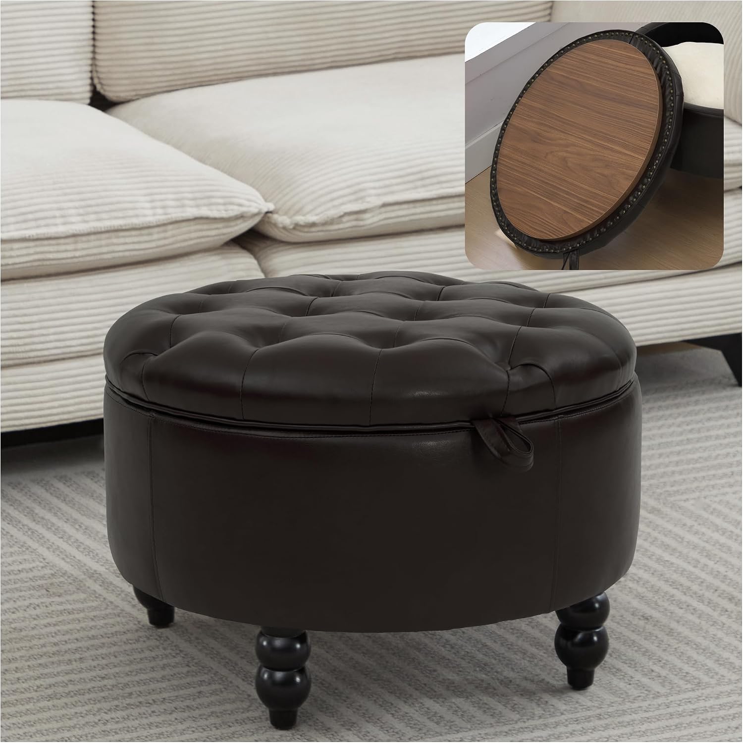 Round Tufted Leather Storage Ottoman Tray
