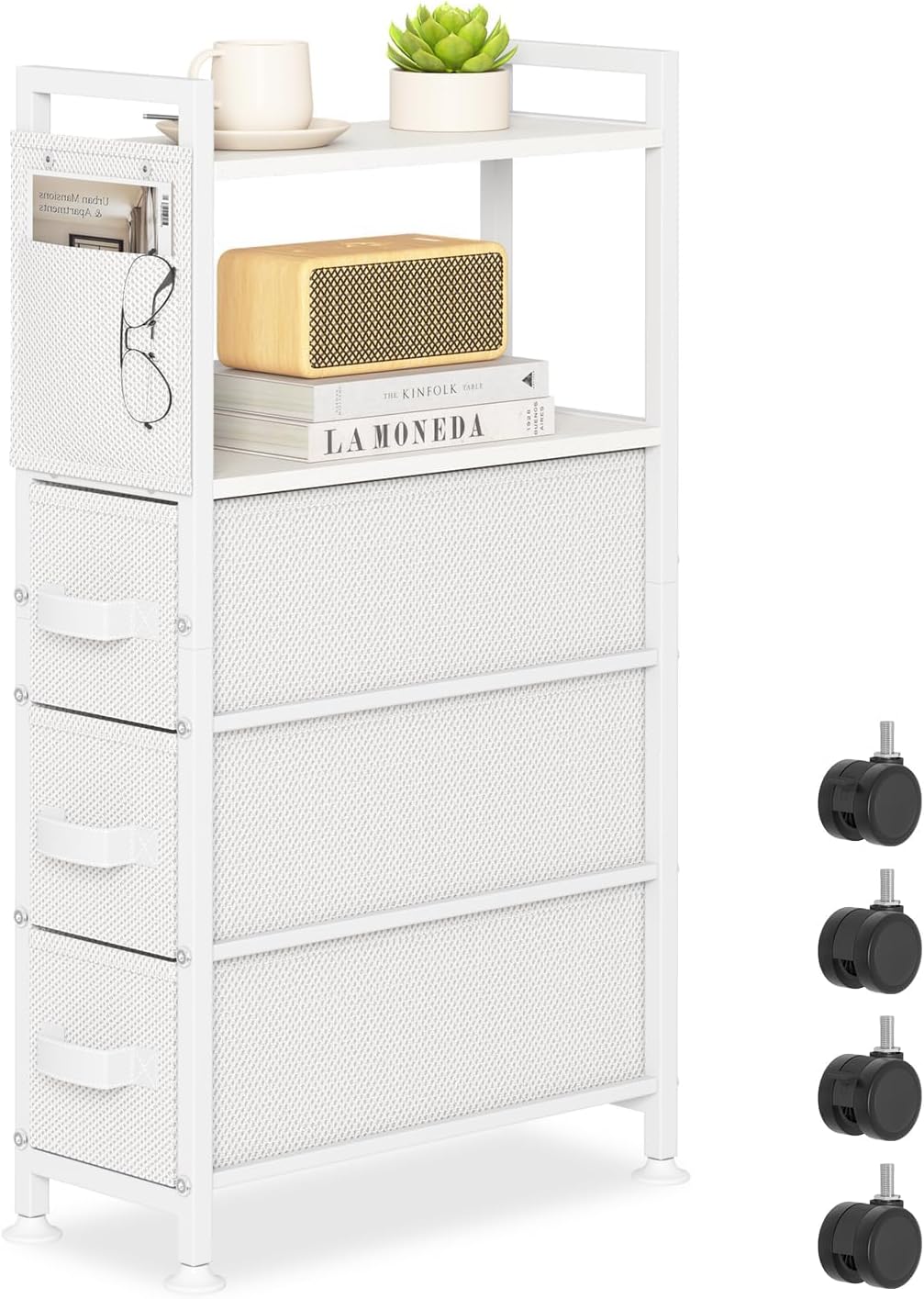 Rolling Narrow 3 Drawer Side Nightstand
