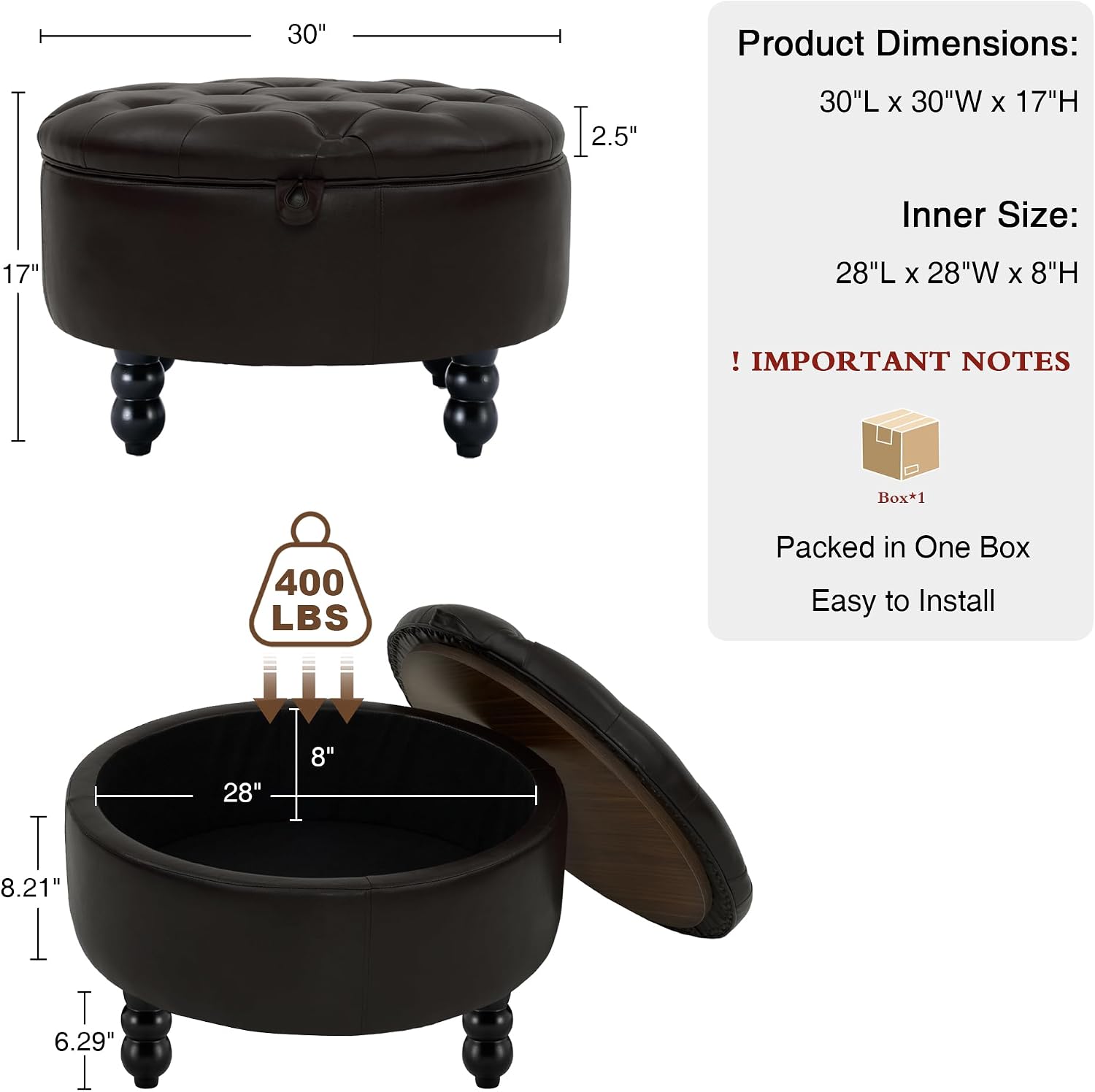Round Tufted Leather Storage Ottoman Tray