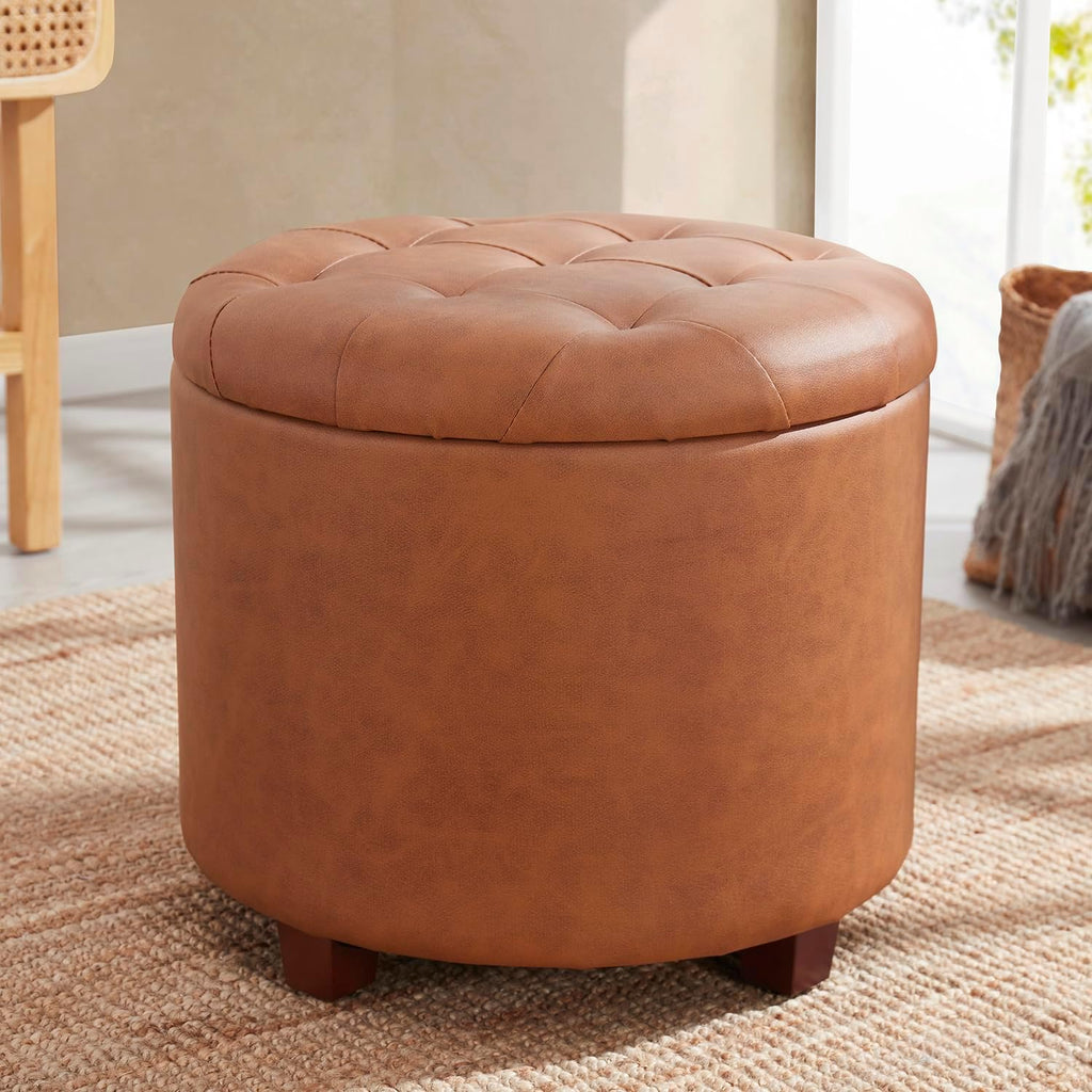 Tufted Round Faux Leather Storage Ottoman