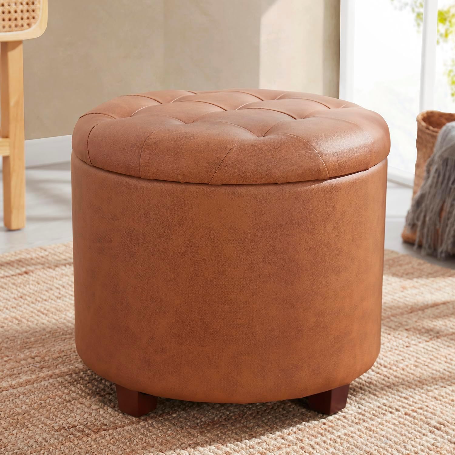 Tufted Round Faux Leather Storage Ottoman