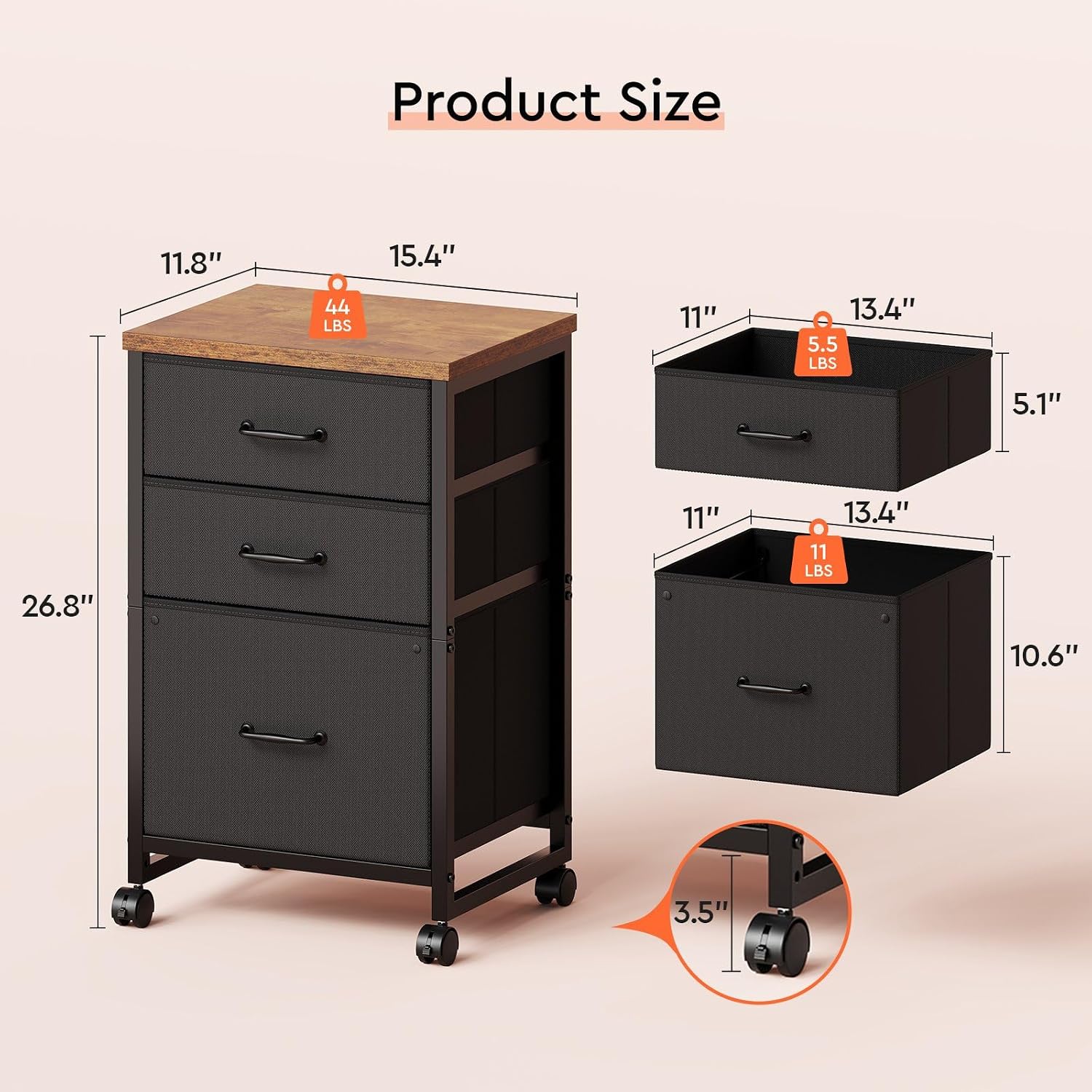 Rolling 3 Drawer Office Filing Cabinet