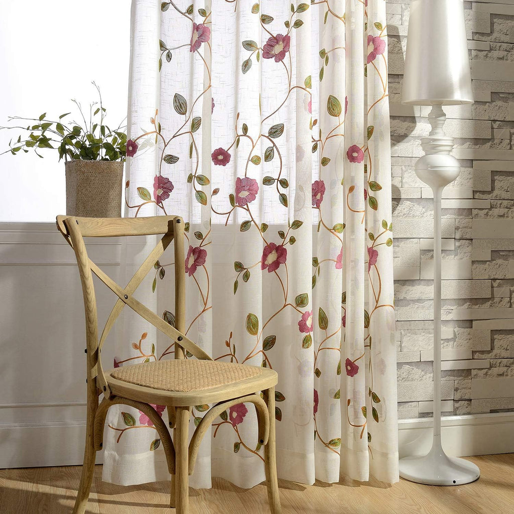 Floral Embroidered Pink Sheer Curtain Panels