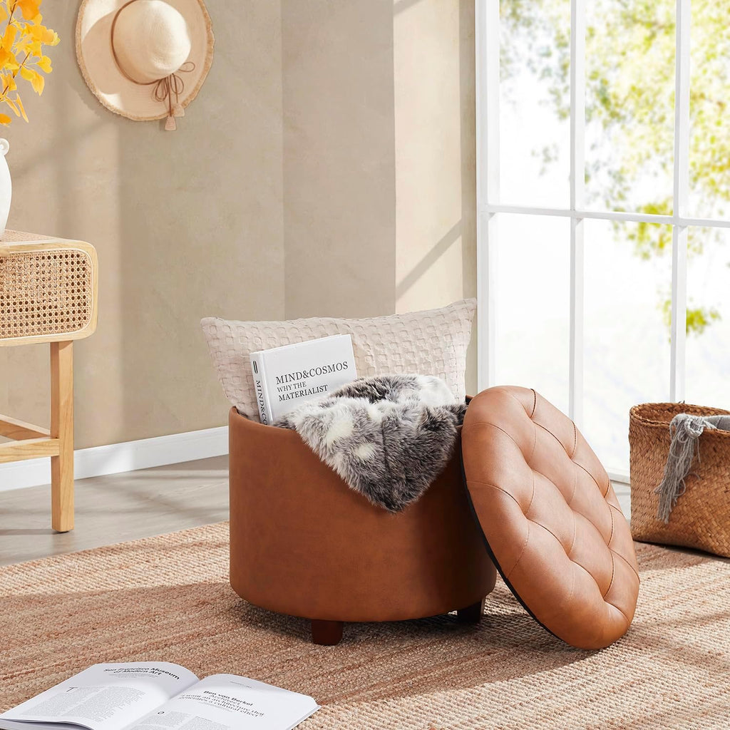 Tufted Round Faux Leather Storage Ottoman