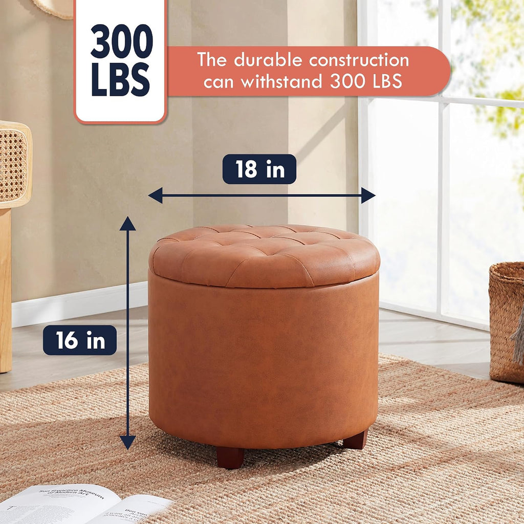 Tufted Round Faux Leather Storage Ottoman