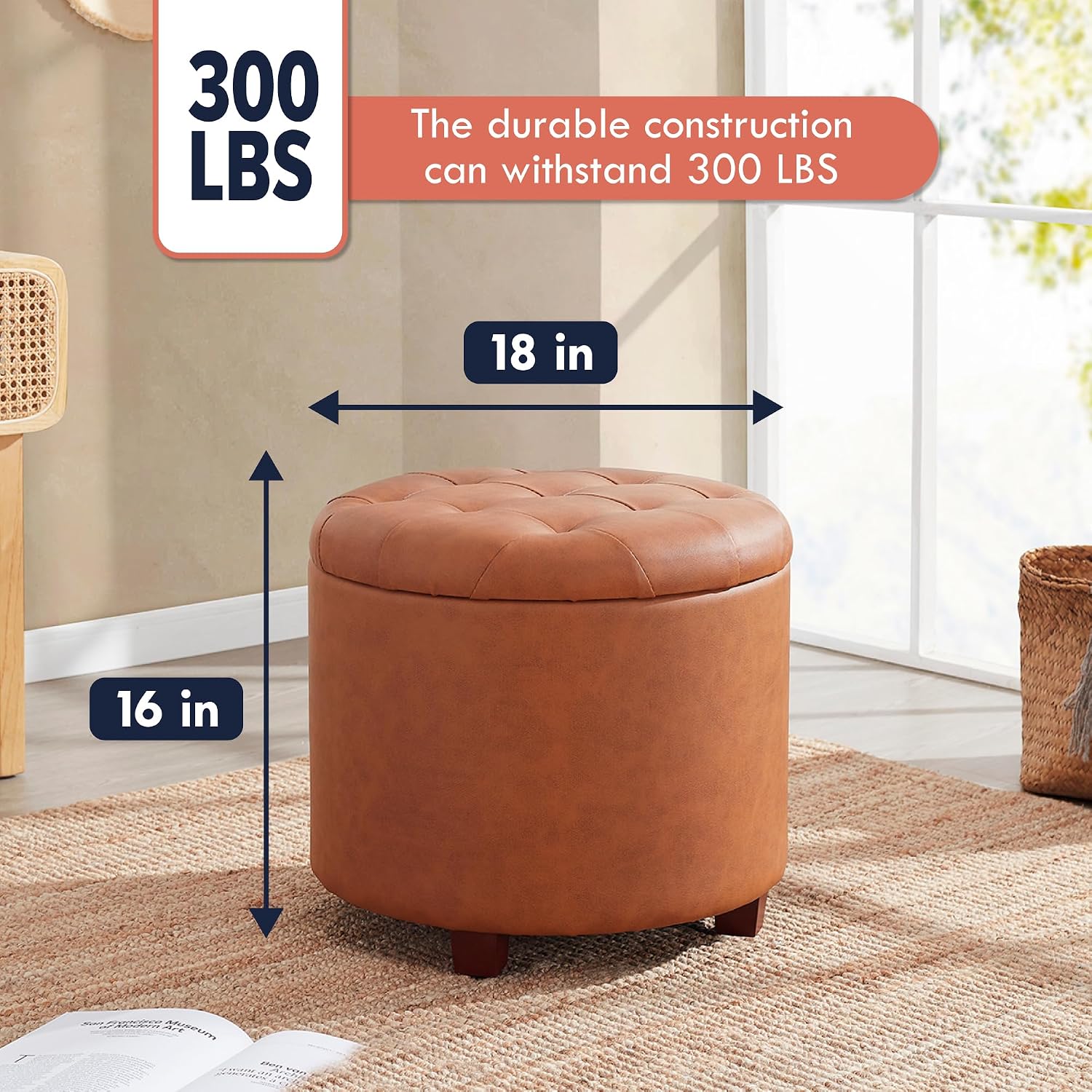 Tufted Round Faux Leather Storage Ottoman