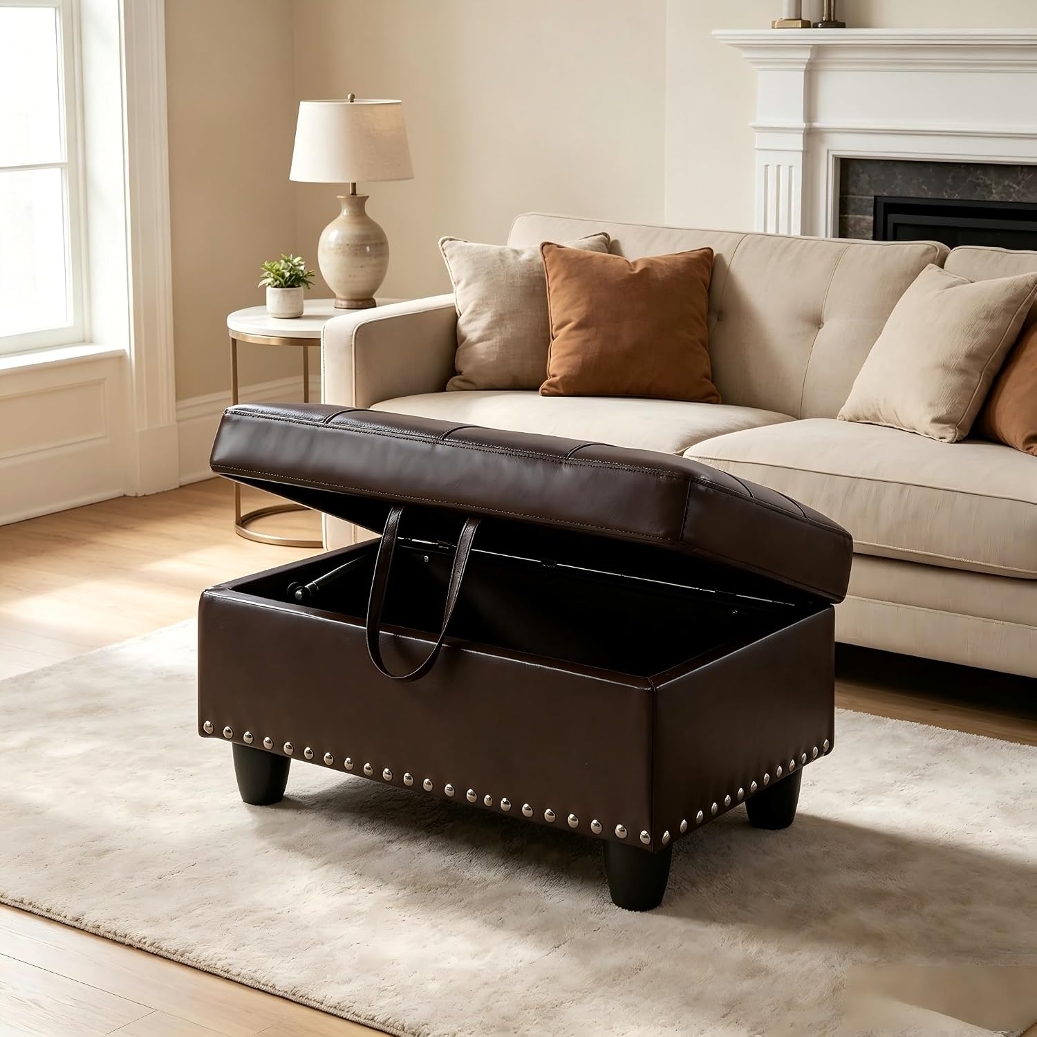 Rectangular Leather Nailhead Storage Ottoman