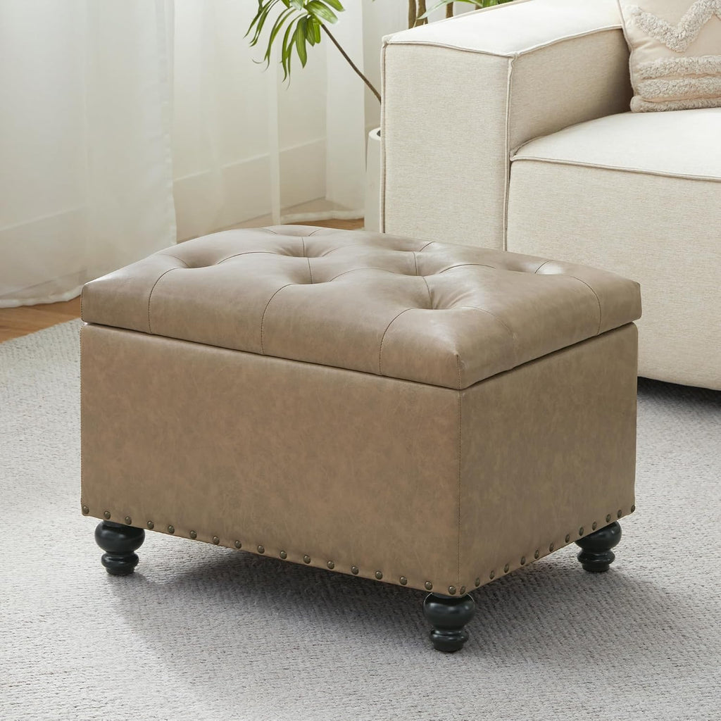 Tufted Rectangular Leather Storage Ottoman
