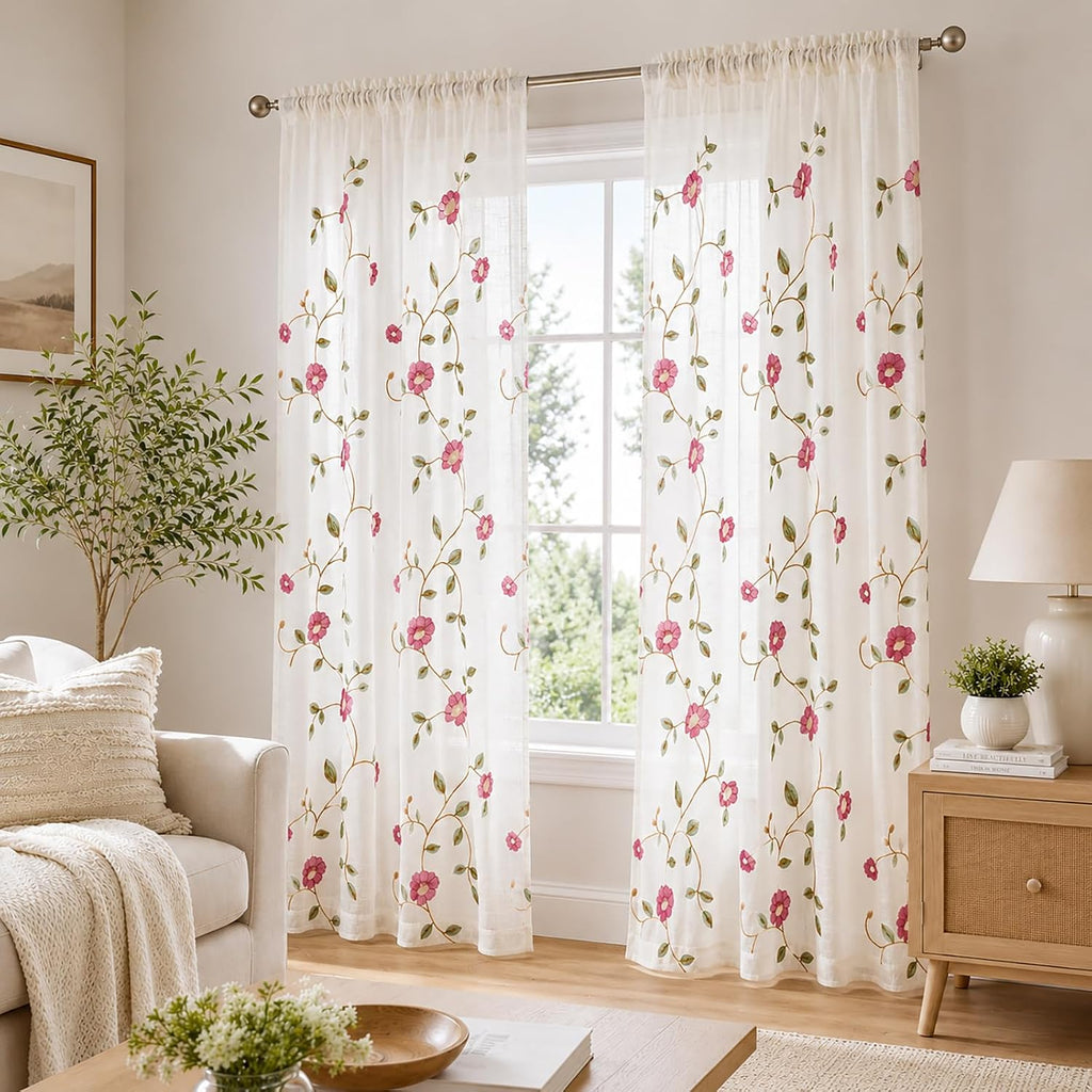 Floral Embroidered Pink Sheer Curtain Panels