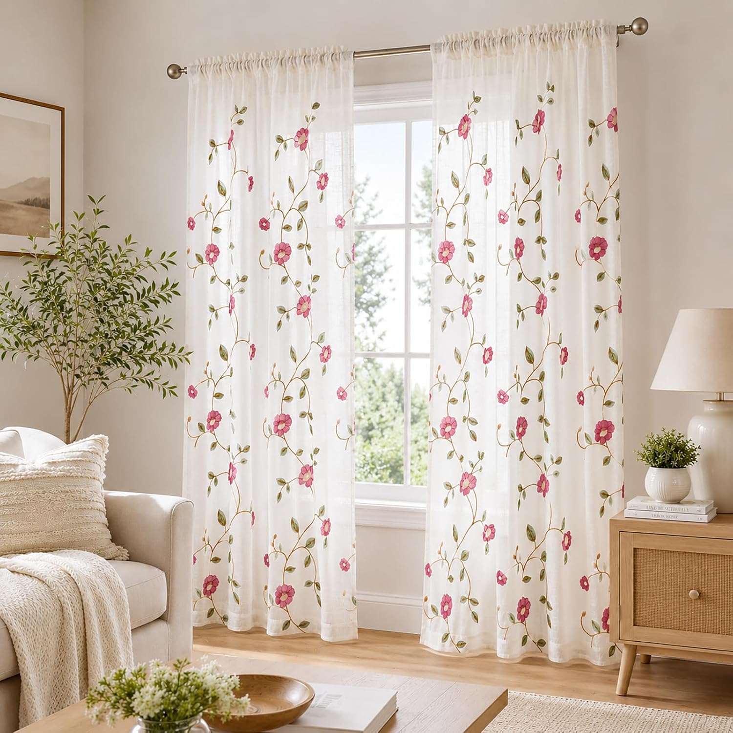 Floral Embroidered Pink Sheer Curtain Panels
