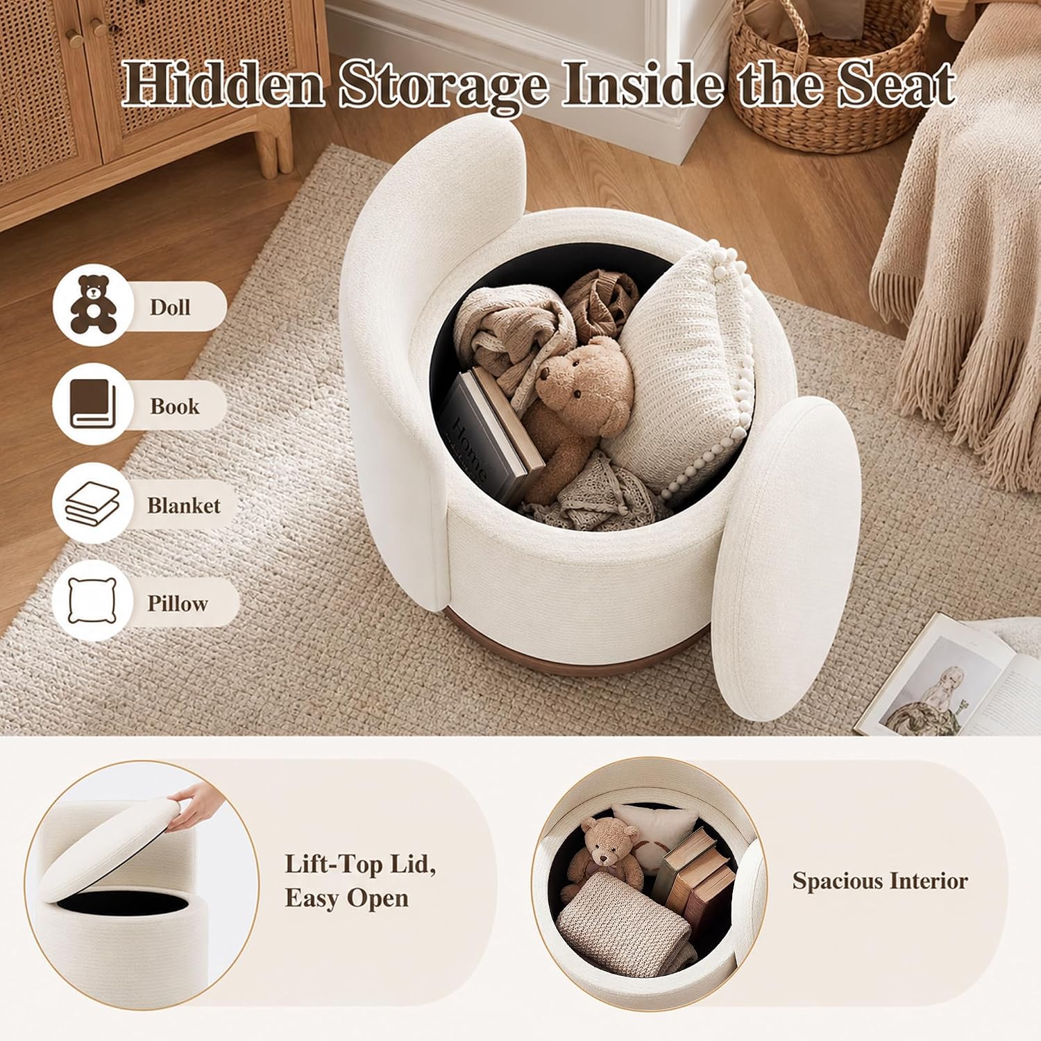 Swivel Round Backrest Storage Vanity Stool