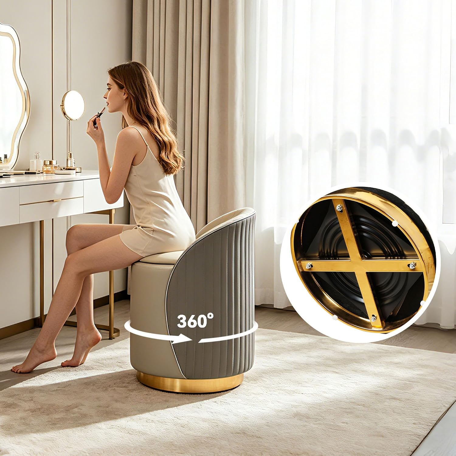 Swivel Back Leather Storage Vanity Stool