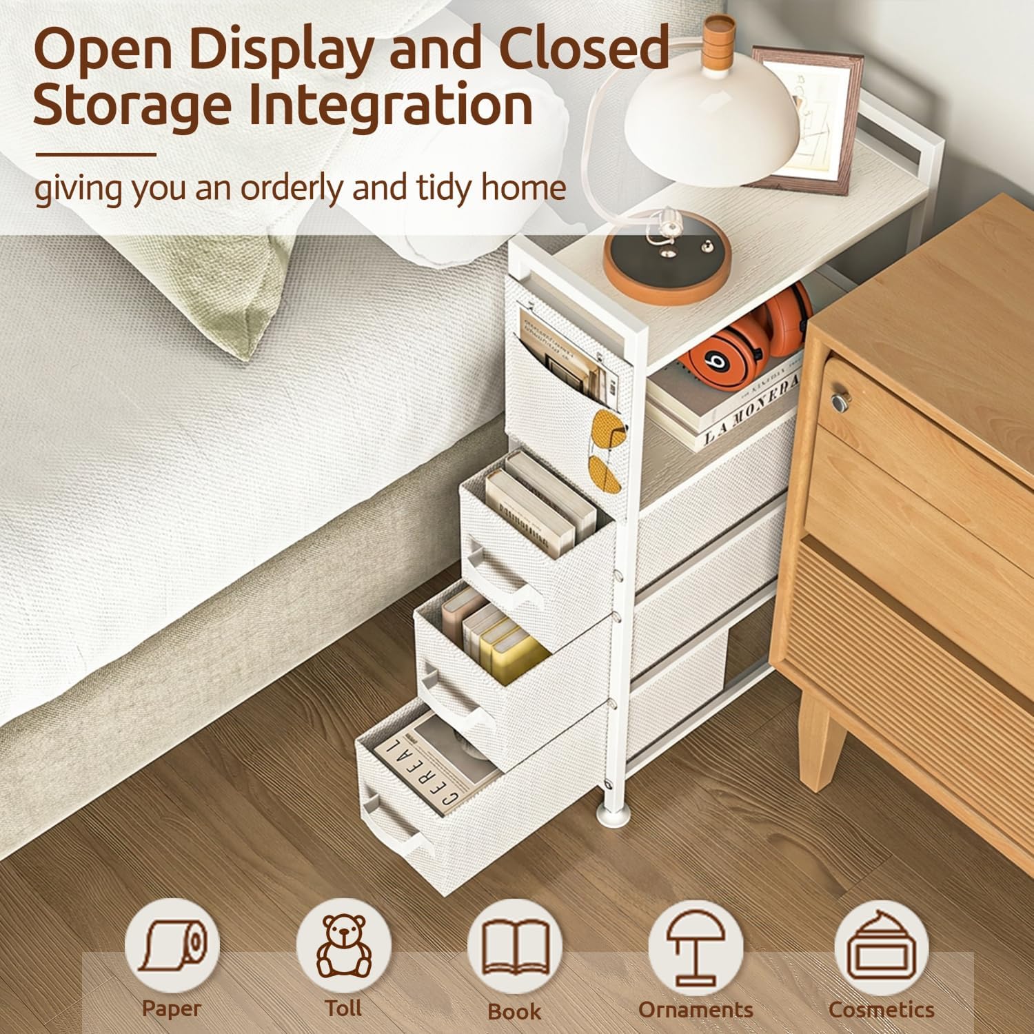 Rolling Narrow 3 Drawer Side Nightstand