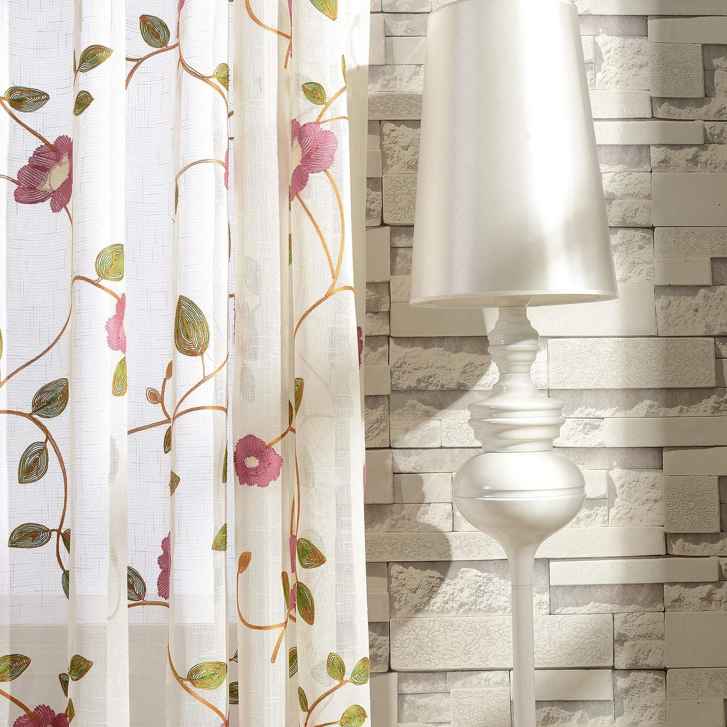 Floral Embroidered Pink Sheer Curtain Panels