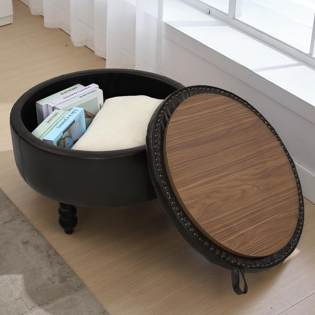 Round Tufted Leather Storage Ottoman Tray