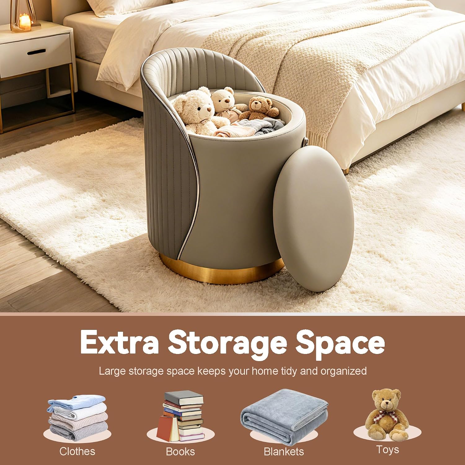Swivel Back Leather Storage Vanity Stool