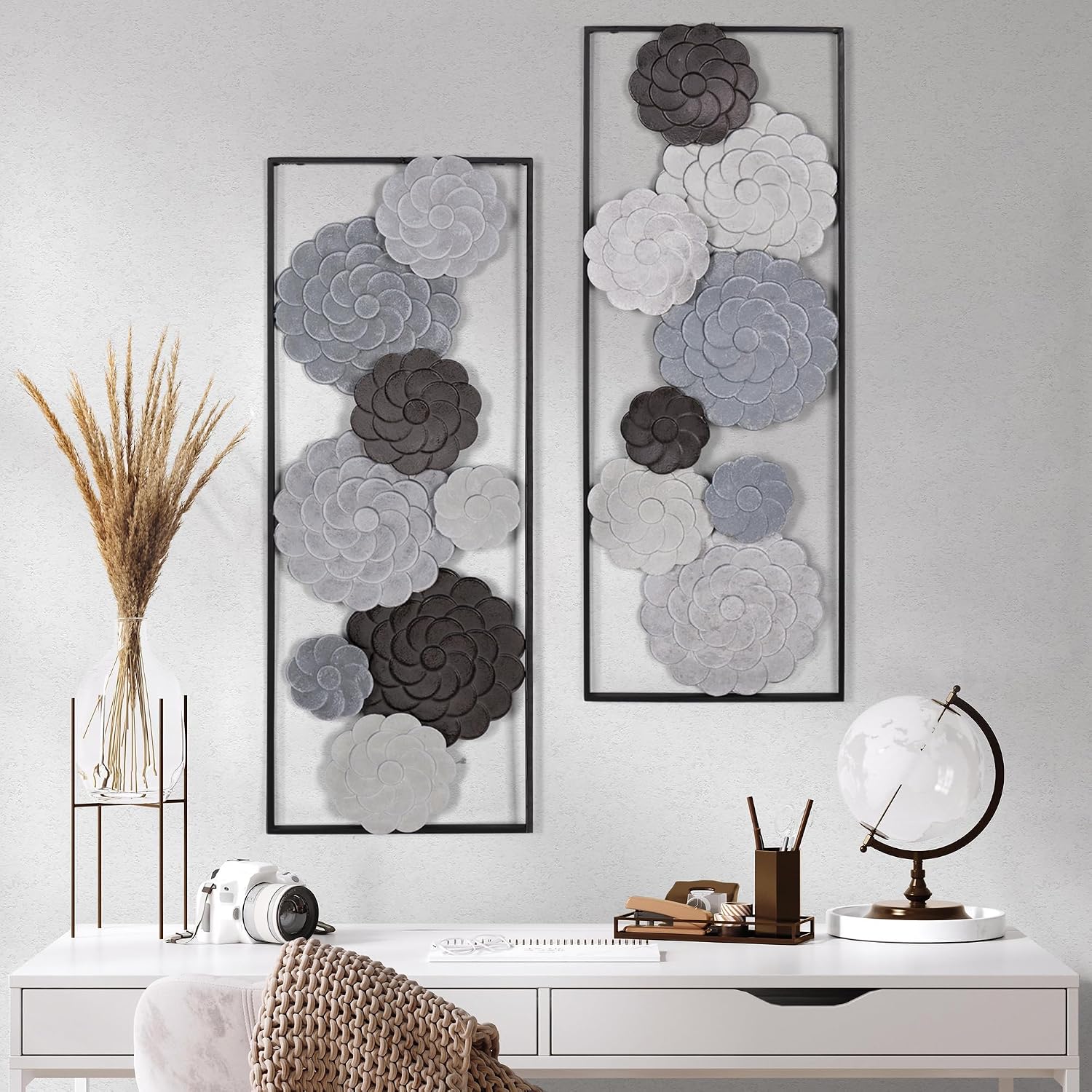 Framed Metal Flower Dual Panel Wall Art