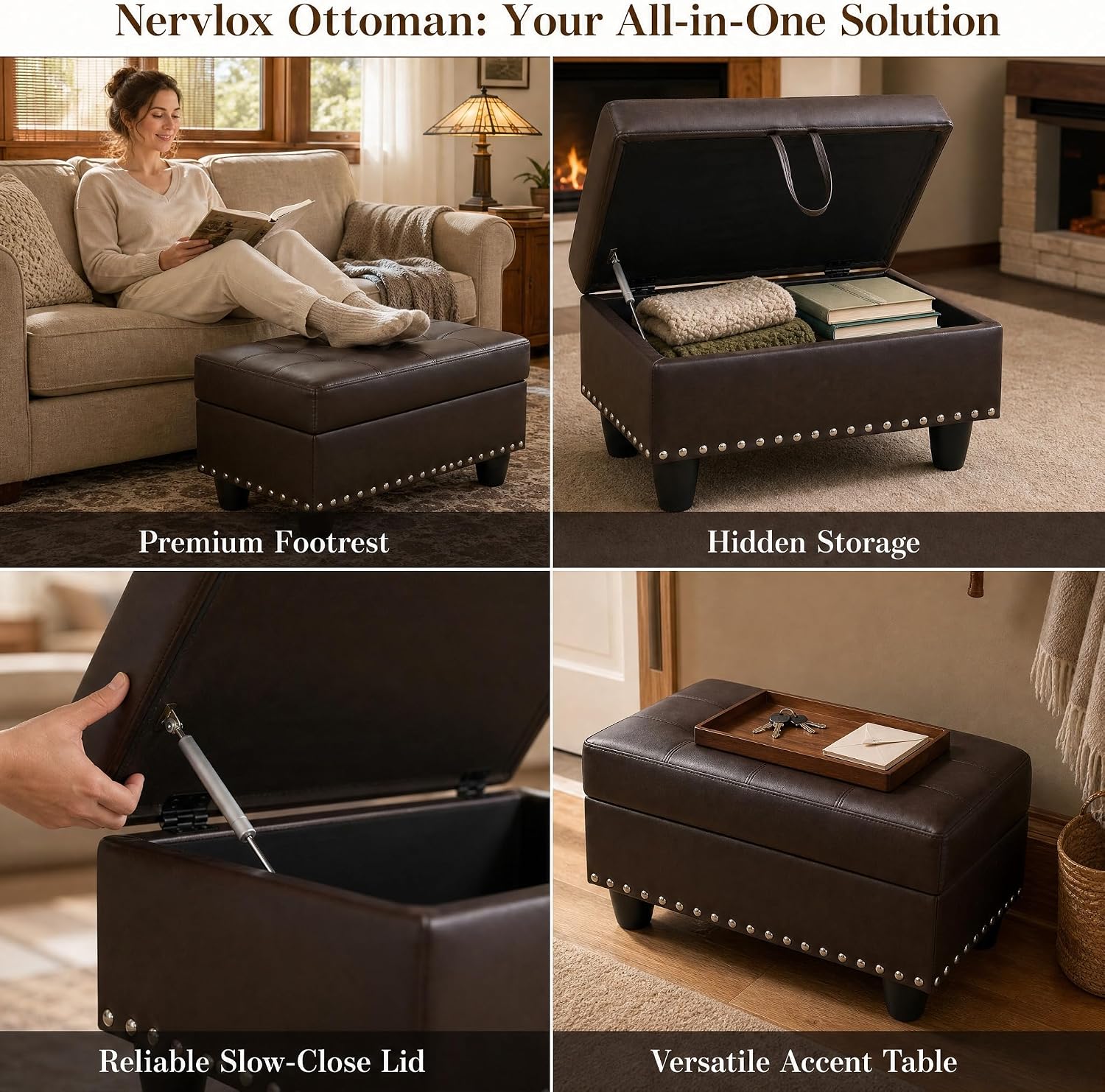 Rectangular Leather Nailhead Storage Ottoman