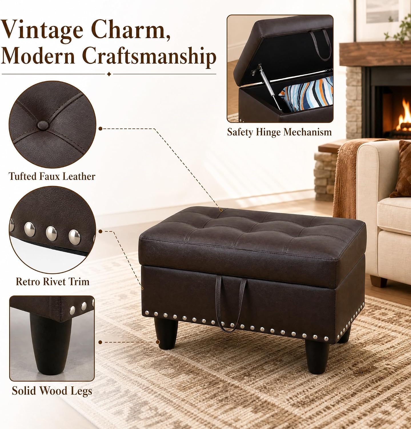 Rectangular Leather Nailhead Storage Ottoman