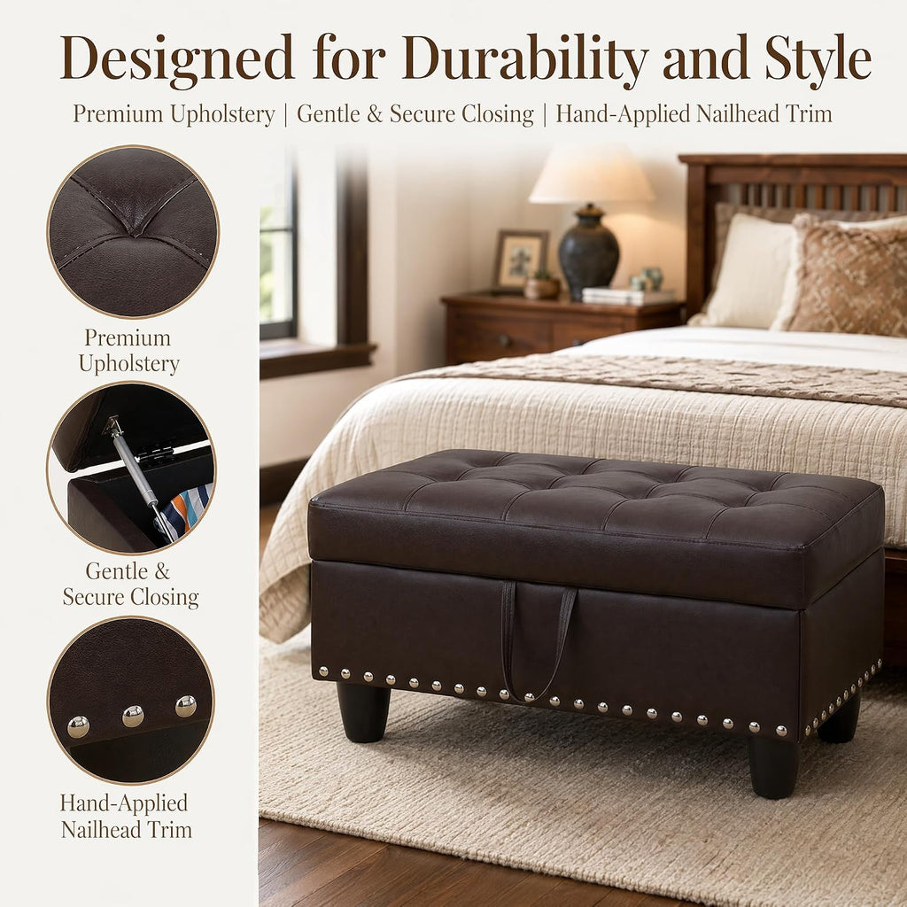 Rectangular Leather Nailhead Storage Ottoman