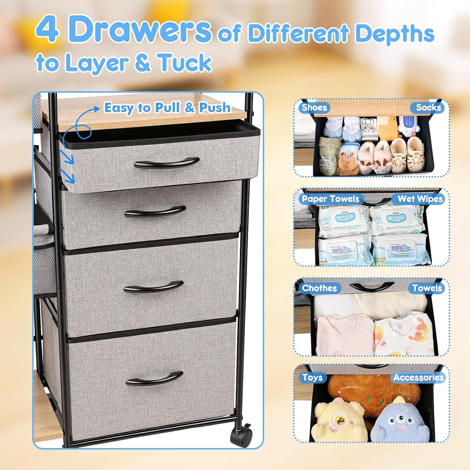 4 Tier Rolling Nursery Diaper Storage Cart