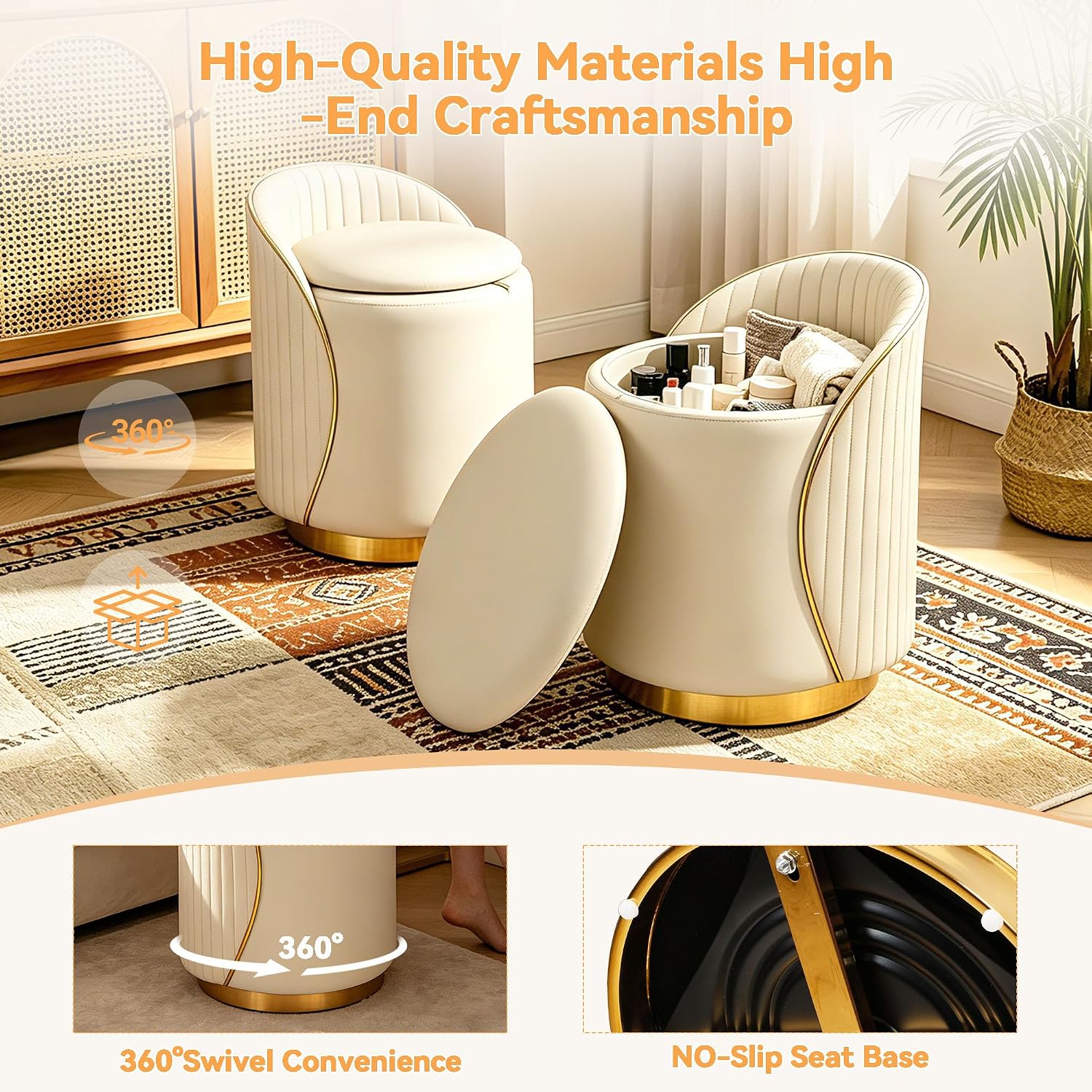 Swivel Leather Storage Makeup Stool