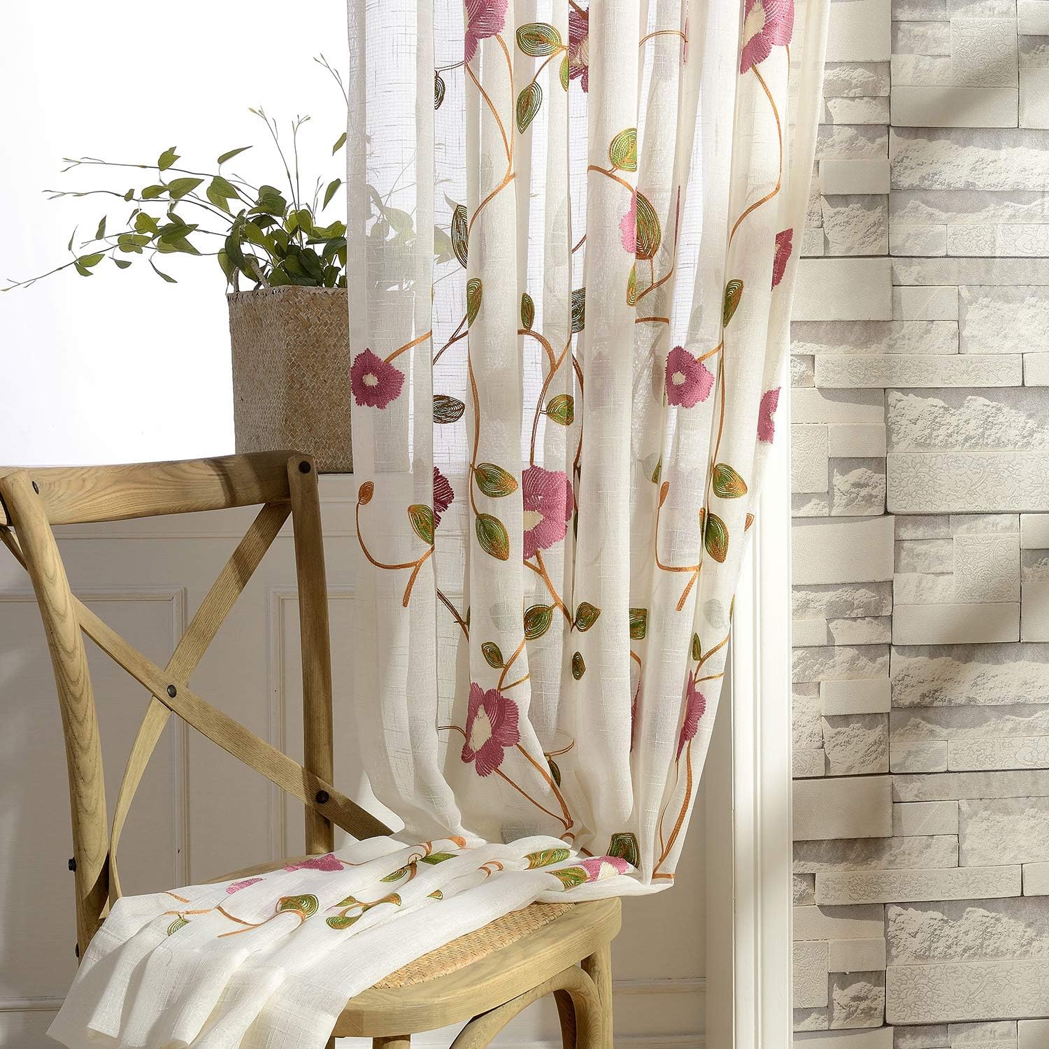 Floral Embroidered Pink Sheer Curtain Panels