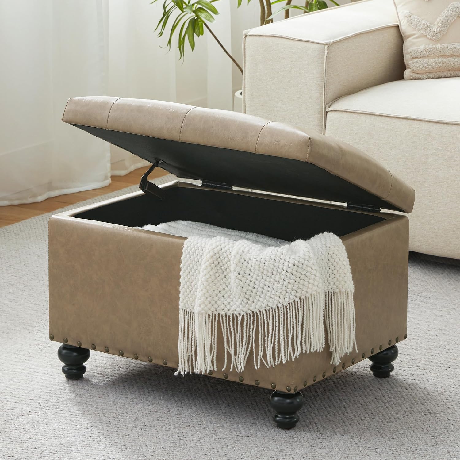 Tufted Rectangular Leather Storage Ottoman
