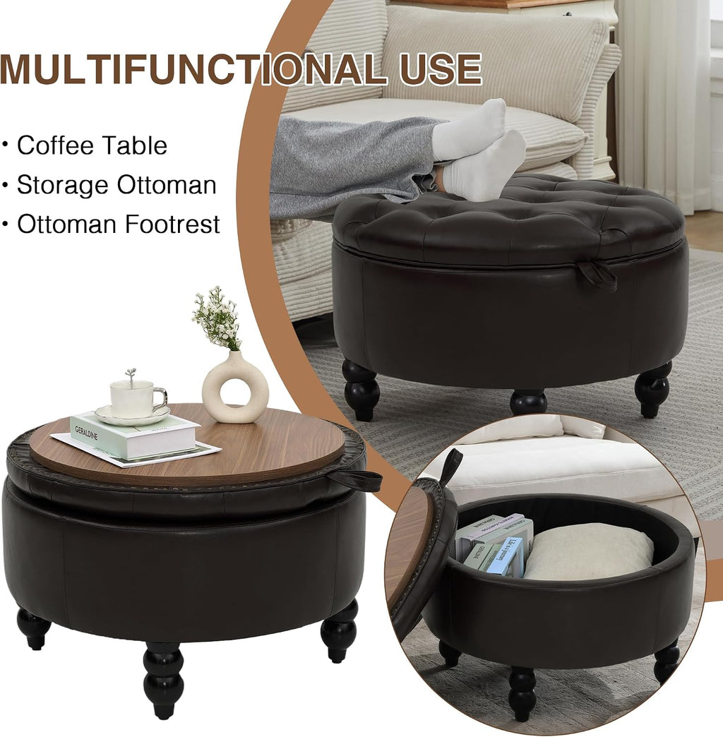 Round Tufted Leather Storage Ottoman Tray