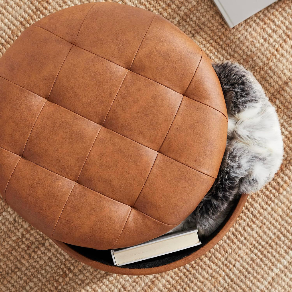 Tufted Round Faux Leather Storage Ottoman