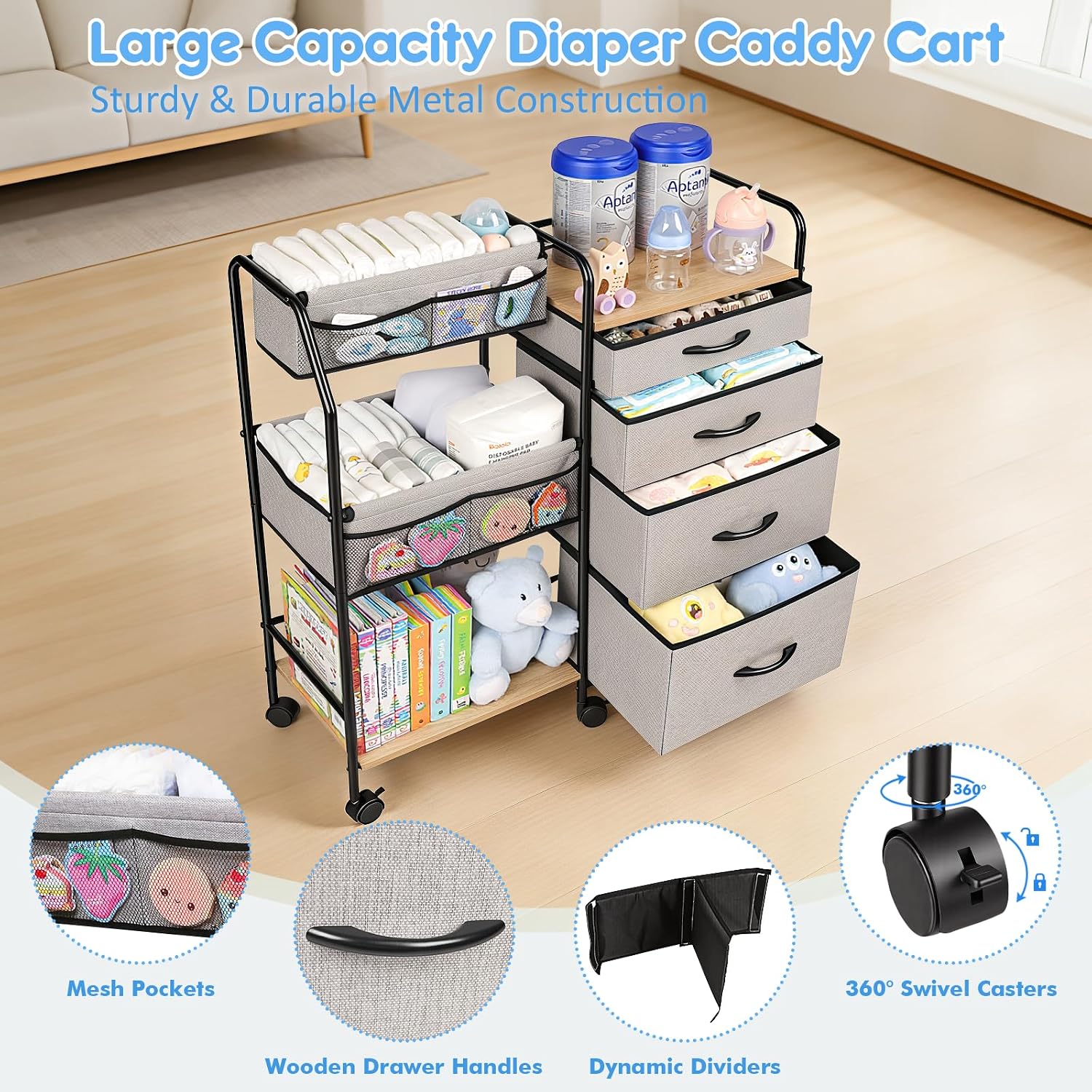 4 Tier Rolling Nursery Diaper Storage Cart