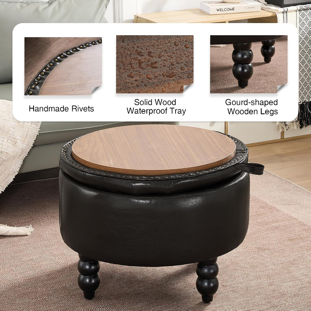 Round Tufted Leather Storage Ottoman Tray