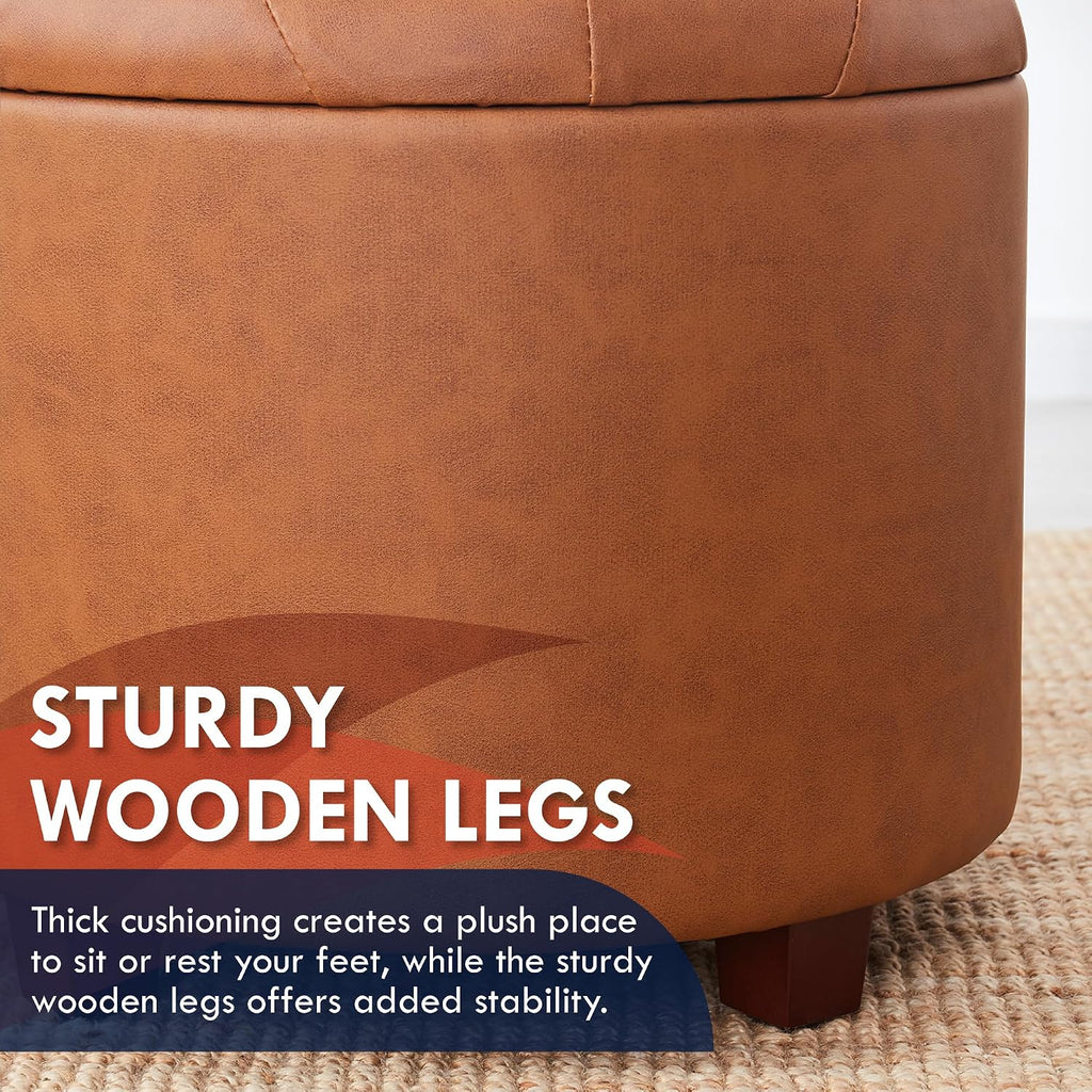 Tufted Round Faux Leather Storage Ottoman
